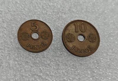 瓶子🏺第212期拍卖会  1941-1942年5和10盆尼铜币  好品