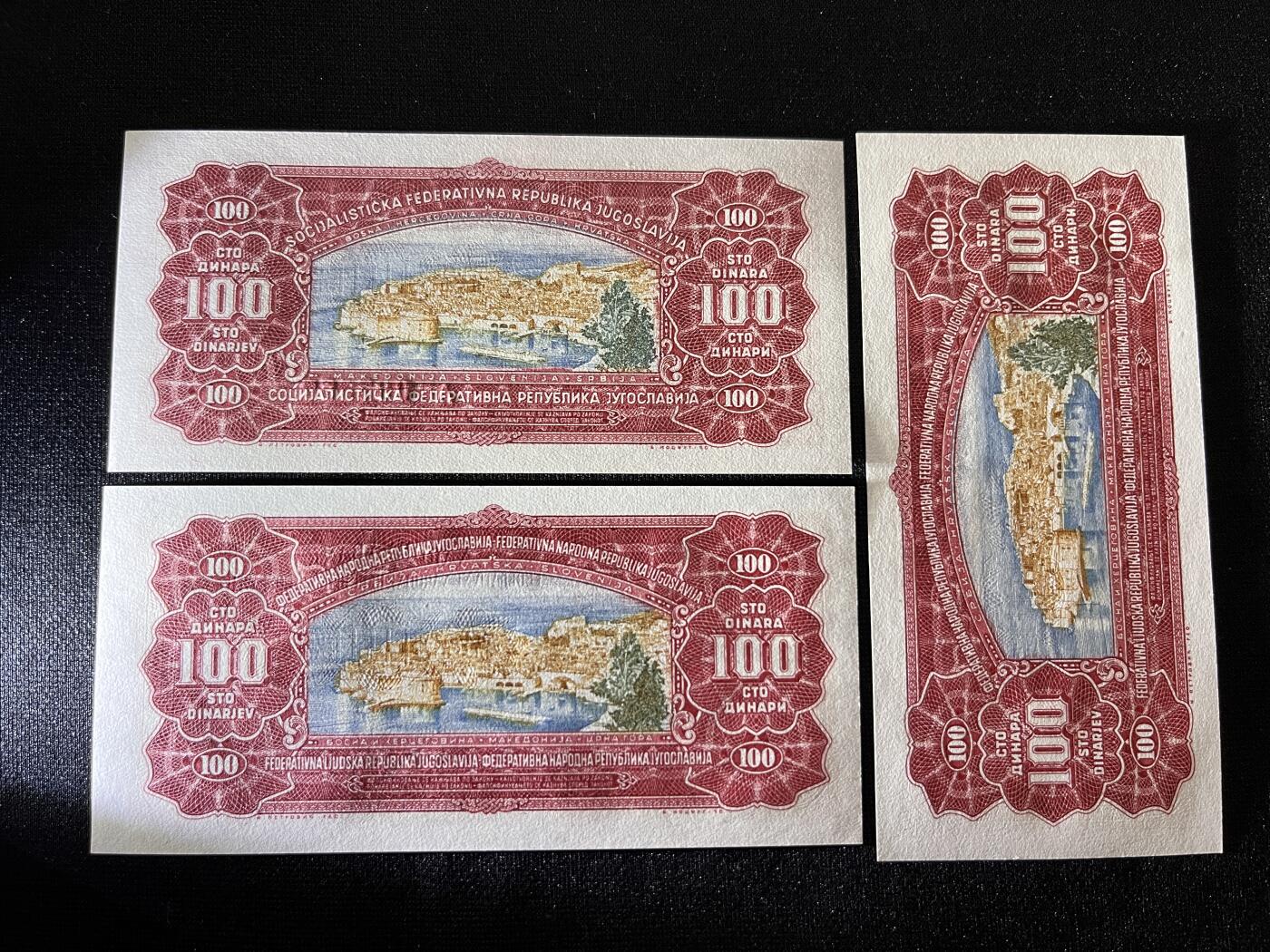 咖啡豆•收藏 2025年Oct_21th世界各国纸币拍卖 3枚 南斯拉夫 1955&1963年 100第纳尔 全新UNC 外国纸币