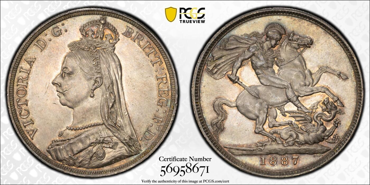 博洋堂世界钱币拍卖第143期（全场包邮） PCGS UNCD 英国1887年维多利亚马剑克朗银币，所见最美状态，个人感觉有机会博分，收藏级别
