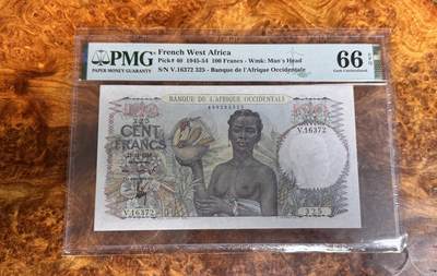 得物收藏 Chase Auction 第34期 - - 外钞、民国钞和人民币混合场！持续更新中！ - 1945年法属西非100法郎，PMG66！