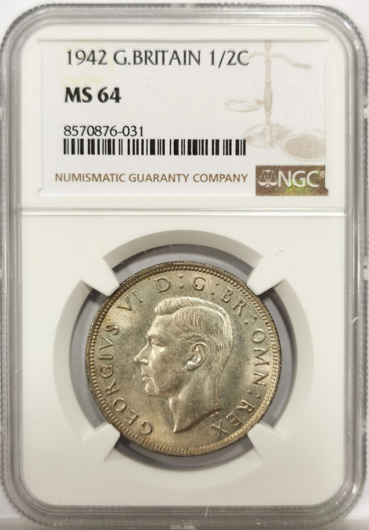 博洋堂世界钱币拍卖第143期（全场包邮） NGC MS64 英国1942乔治六世半克朗银币，卷拆状态，虽然是常见品种，但64也是不多见，值得凑套