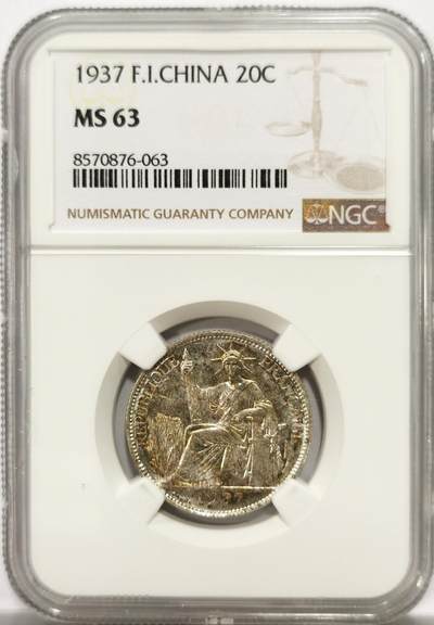 博洋堂世界钱币拍卖第143期（全场包邮） - NGC MS63 1937法属印支坐洋20分，正面带五彩包浆，背面镜面底板，状态优秀的小毫子