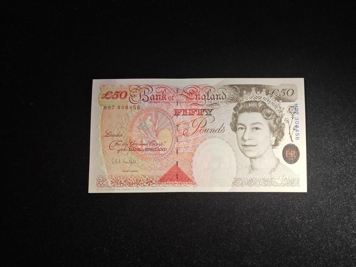 英国 E序 稀有初版首签 50英镑 纸币 1994年 P-388a 近新极美品