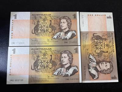 咖啡豆•收藏 2025年Oct_21th世界各国纸币拍卖 - 3枚 澳大利亚 1983年 1元 全新UNC 外国纸币