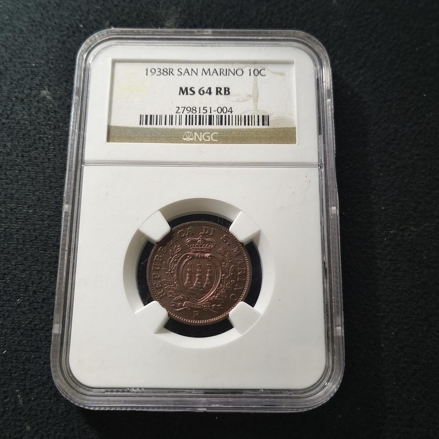 【全场包邮】纯粹捡漏拍469场-持续更新中 圣马力诺1938年10分铜币-NGC MS64 RB