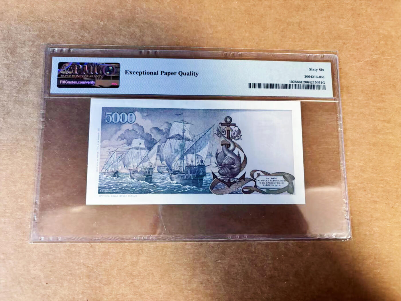 【Blue Auction】世界纸币精拍第737期——18级TOP拍卖/信誉/品质/专业/高效💫 意大利 1973年5000里拉 哥伦布 PMG66EPQ