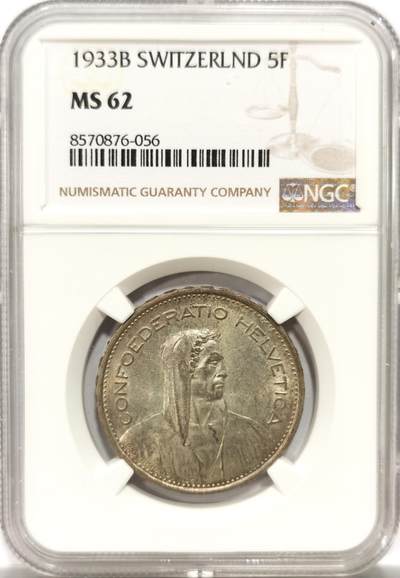 博洋堂世界钱币拍卖第143期（全场包邮） - NGC MS62 瑞士1933B威廉泰尔5法郎，早期年份，一般见到的都是195X/6X的，早期年份上MS的不多，原光细节不错