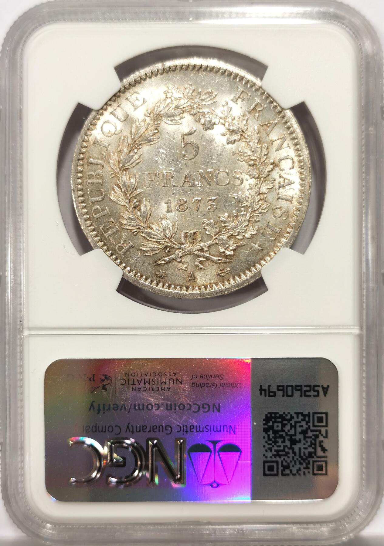 博洋堂世界钱币拍卖第143期（全场包邮） NGC MS62 法国1873年大力神5法郎，光度不错，经典大银