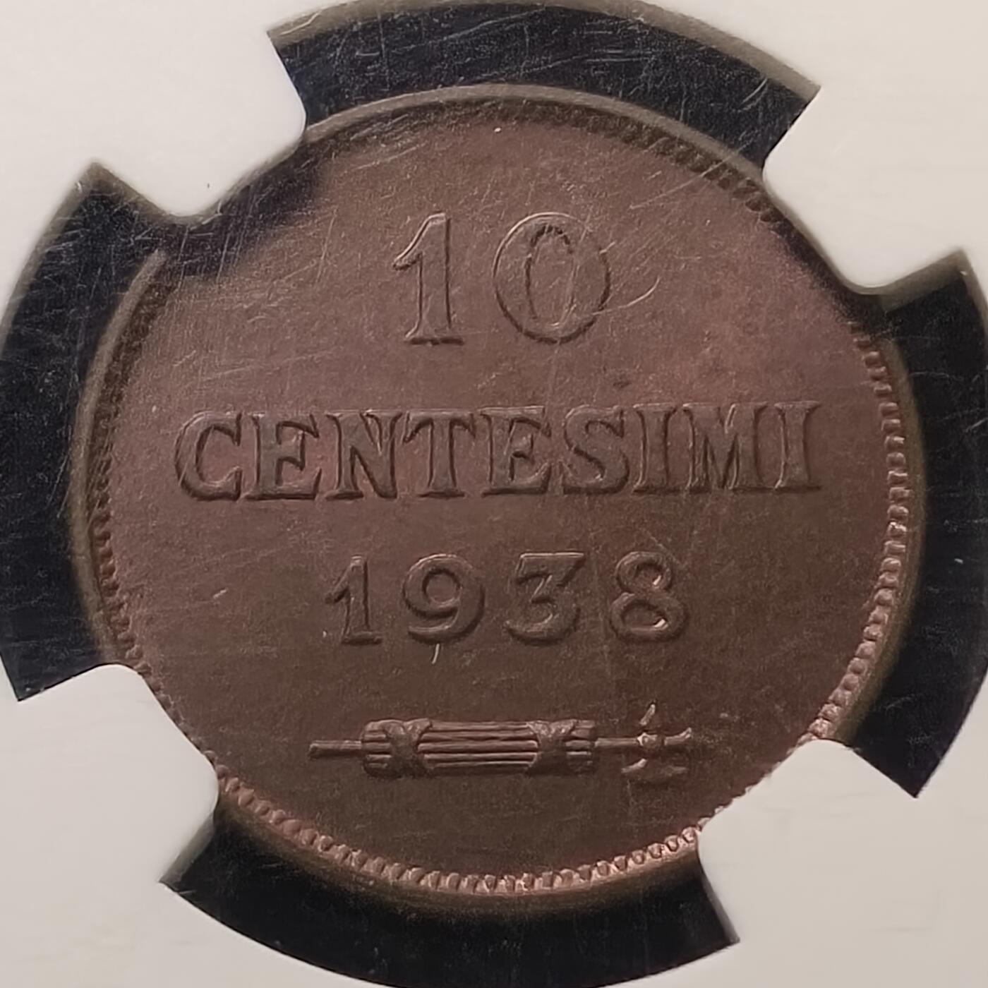 【全场包邮】纯粹捡漏拍469场-持续更新中 圣马力诺1938年10分铜币-NGC MS64 RB