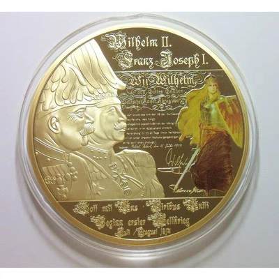 【艺术】德国艺术大章 一战威廉二世+约瑟夫一世 高浮雕精制彩色超大镀金章 带证书 70MM 133克 - 【艺术】德国艺术大章 一战威廉二世+约瑟夫一世 高浮雕精制彩色超大镀金章 带证书 70MM 133克