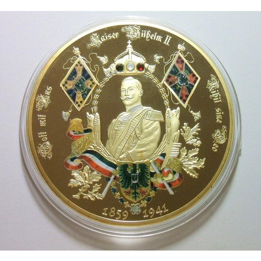 【艺术】德国艺术大章 一战威廉二世+约瑟夫一世 高浮雕精制彩色超大镀金章 带证书 70MM 133克
