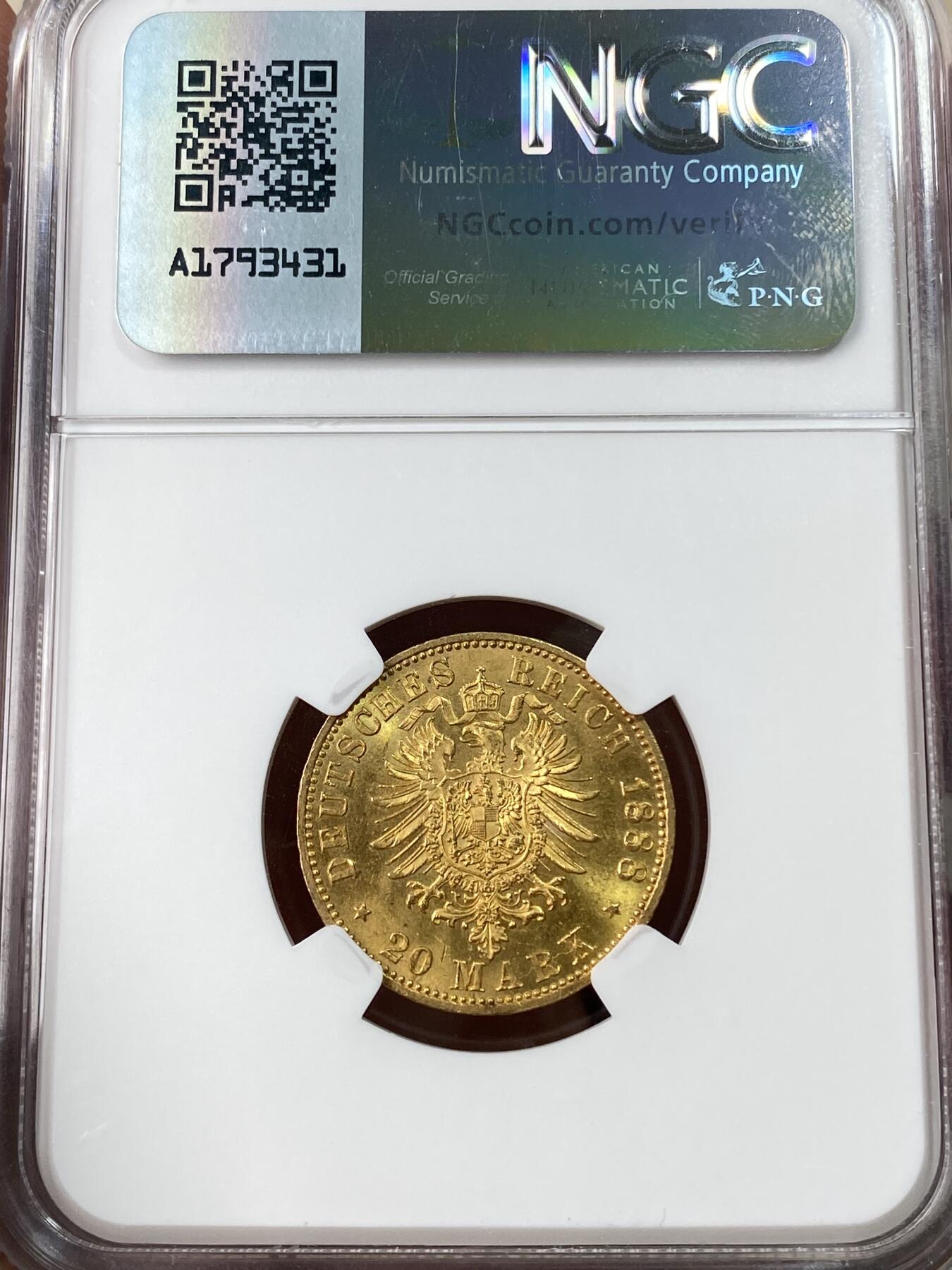 万国钱币拍卖第053期【万国秋季大拍下●周五周六两场连拍】 NGC MS64 1888年德国普鲁士三皇之年腓特烈三世短翅流通20马克金币 经典短翅金马克名品 邮票光泽 7.96g 900金