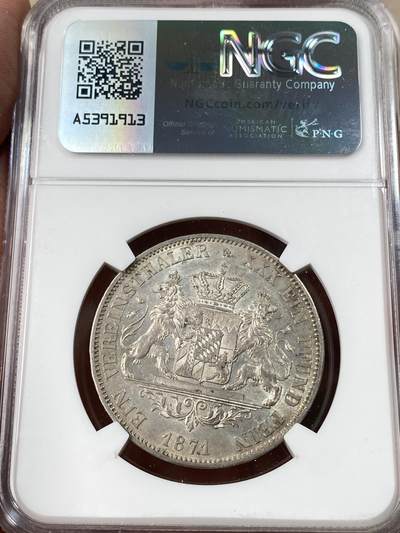 NGC MS61 1871年德国巴伐利亚路德维希二世双狮护盾流通1泰勒 罕见的J.Ries版胜利泰勒头像 区别之前的G.Voigt版头像 路二1T中最难名誉品 原味银霜转光 欧拍价格居高不下的罕见品种