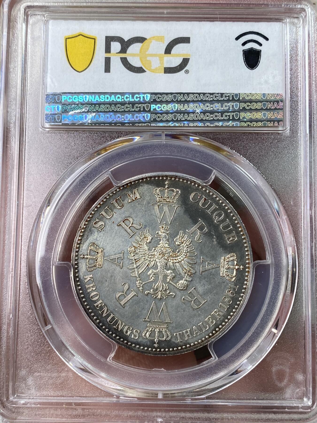 万国钱币拍卖第053期【万国秋季大拍上●周五周六两场连拍】 PCGS PR62 1861年德国普鲁士威廉国王加冕纪念精制1泰勒 精制镜面月牙蓝彩 毛衣泰勒易得 镜面精铸万里挑一