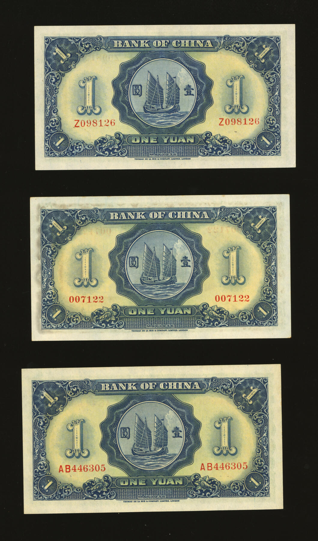 泓盛2025年秋季拍卖会 纸币 民国二十五年（1936年）中国银行德纳罗版壹圆共3枚，纸张硬挺白净，色彩浓郁，九八成新