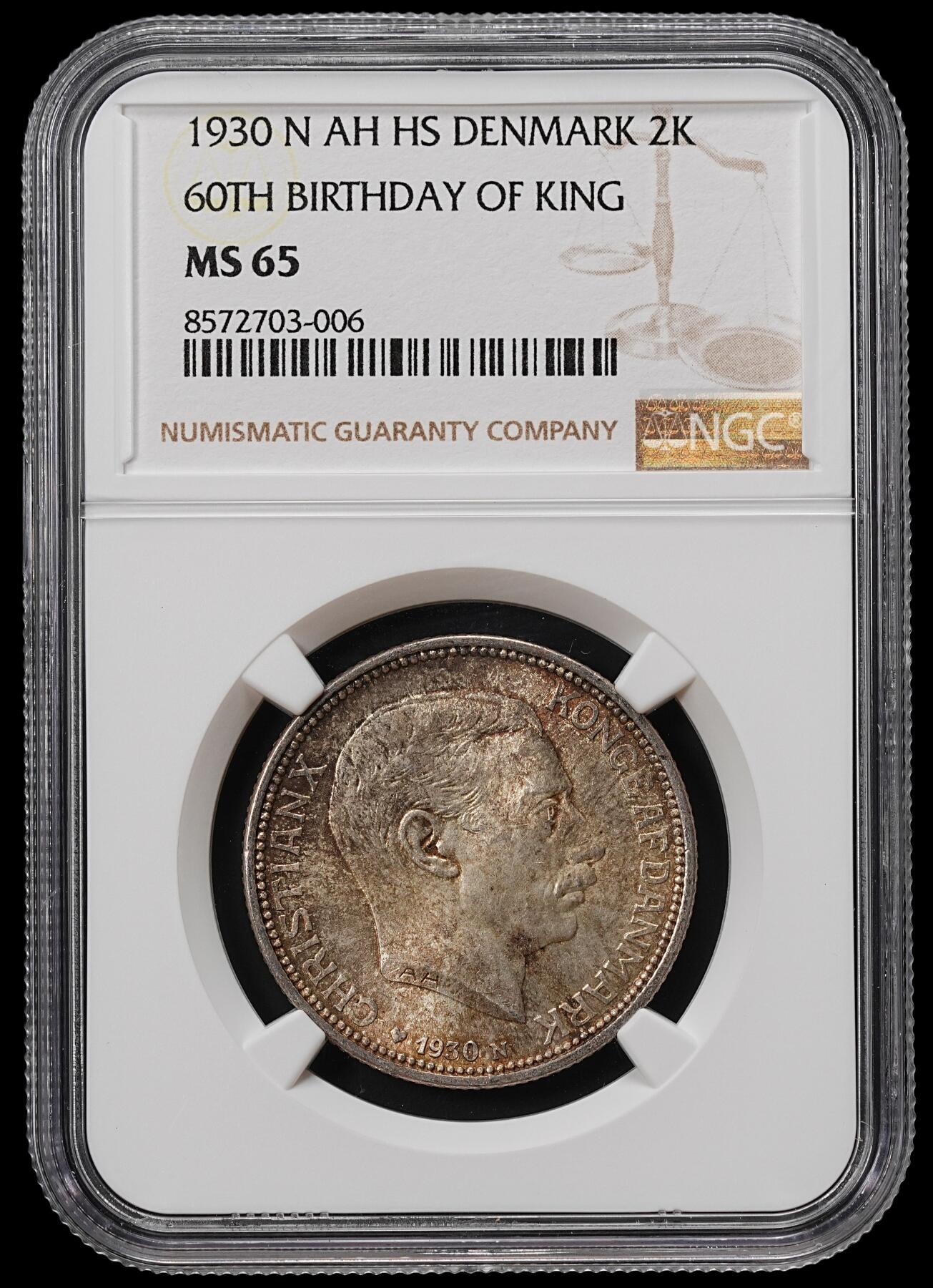 修遠堂世界钱币第八十九期 NGC MS65 1930年丹麦国王60大寿纪念2克朗银币