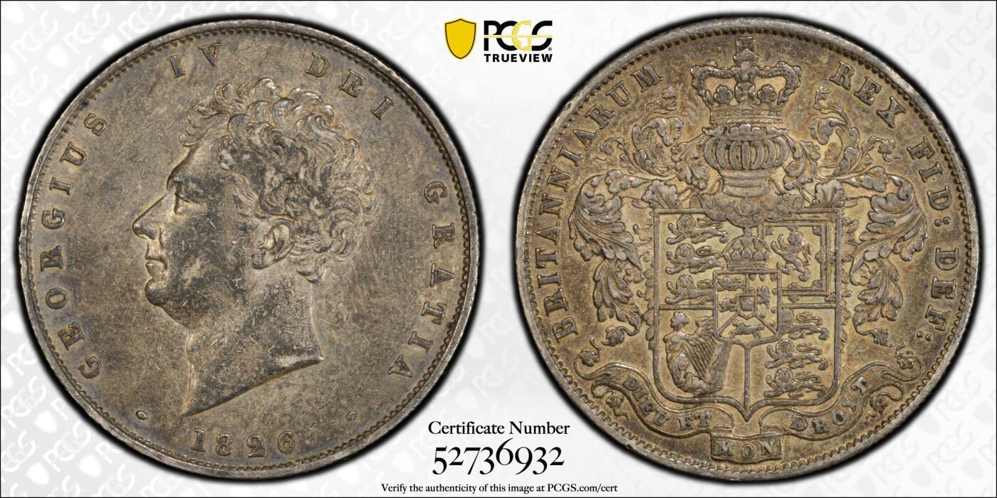 博洋堂世界钱币拍卖第143期（全场包邮） PCGS AU50 英国1826年乔治四世1/2克朗银币，极美包浆状态