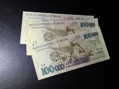 叁拾收藏第32期 - 巴西1993年10万克鲁塞罗标十连号（大部分全程无4，伊瓜苏大瀑布） UNC（左侧边缘轻微发黄