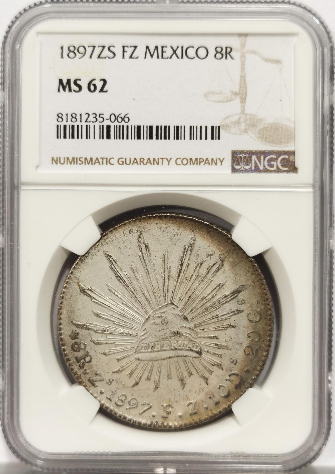 博洋堂世界钱币拍卖第143期（全场包邮） NGC MS62 墨西哥1897年ZS FZ版花边鹰洋，关门年份，原味窖藏包浆，滴水未下
