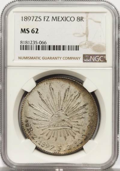 博洋堂世界钱币拍卖第143期（全场包邮） - NGC MS62 墨西哥1897年ZS FZ版花边鹰洋，关门年份，原味窖藏包浆，滴水未下
