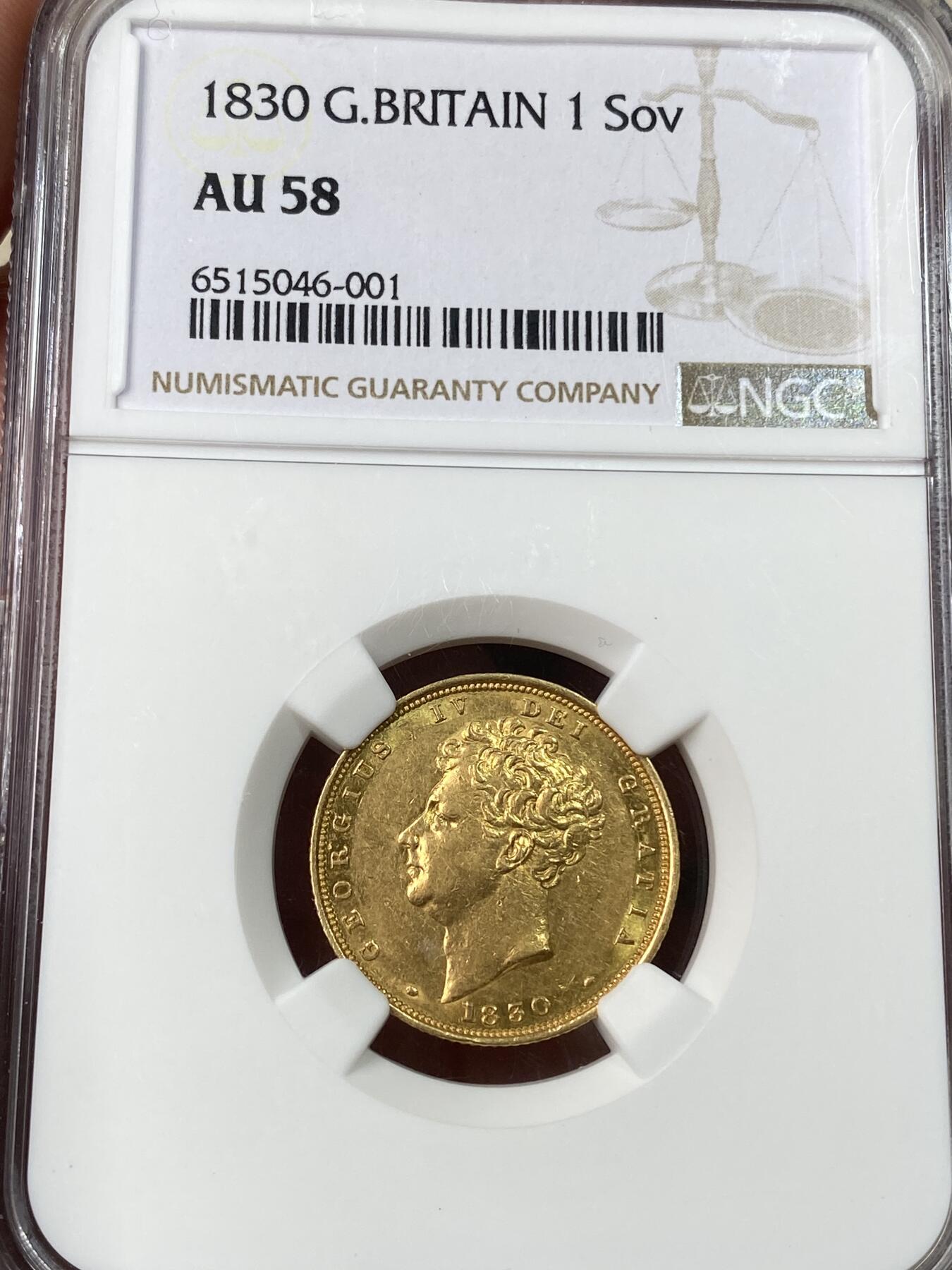 万国钱币拍卖第053期【万国秋季大拍上●周五周六两场连拍】 NGC AU58 1830年英国乔治四世盾徽1索维林金币 轻微流通痕迹 罕见品种丝滑转光 7.99g 917金