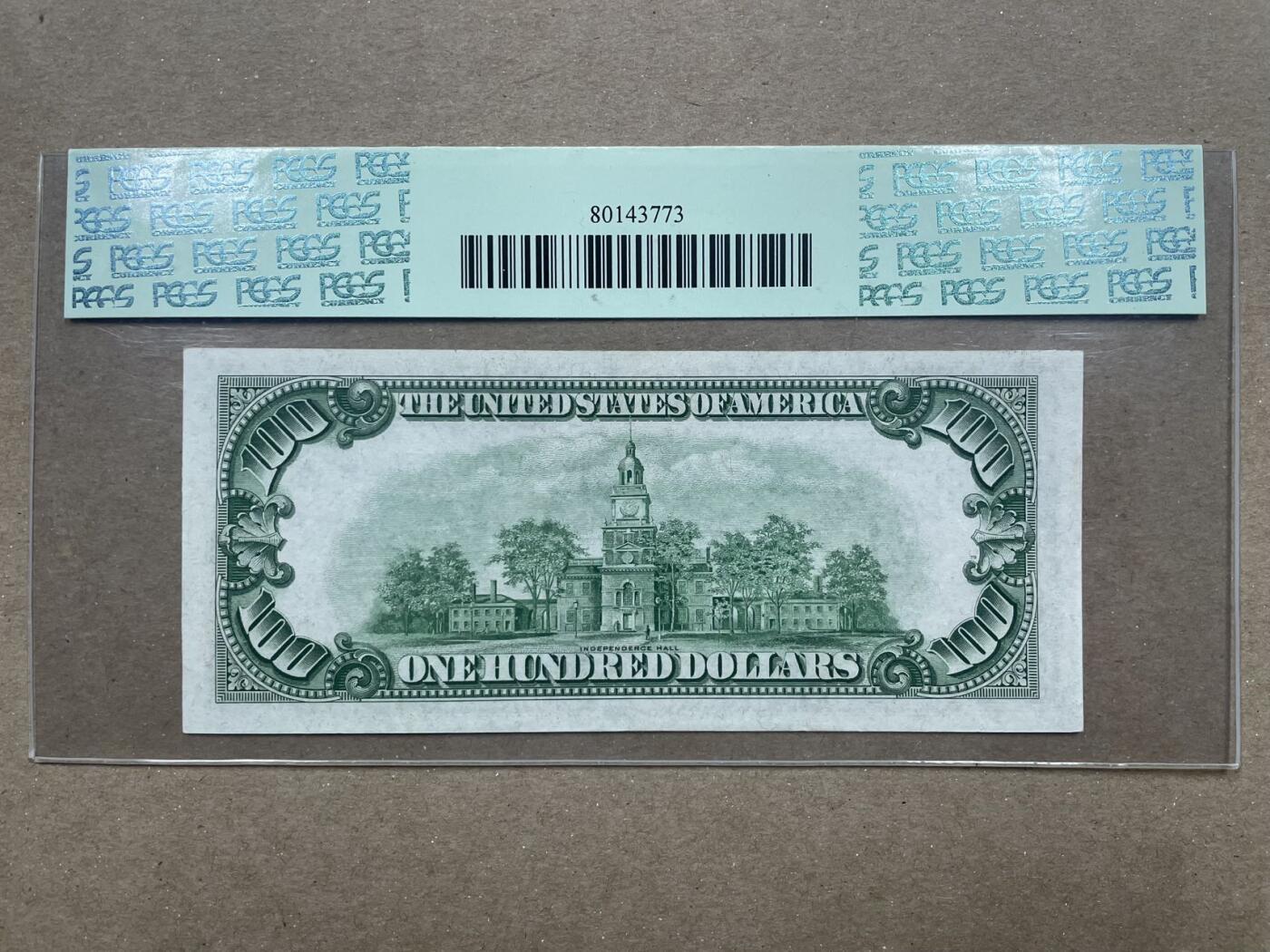 美国1934年100元补号 大面值实心补 PCGS65 L00016501*