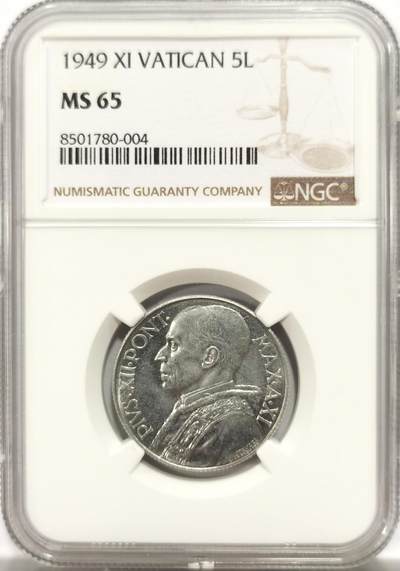 博洋堂世界钱币拍卖第143期（全场包邮） - NGC MS65 梵蒂冈1949年5L镍币