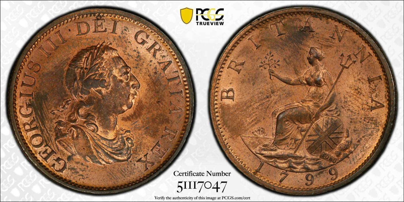 博洋堂世界钱币拍卖第143期（全场包邮） PCGS MS63RB 英国1799年乔治三世1/2便士，名家旧藏，RB极其罕见，原始红铜光保留极佳，仅有2枚更高分