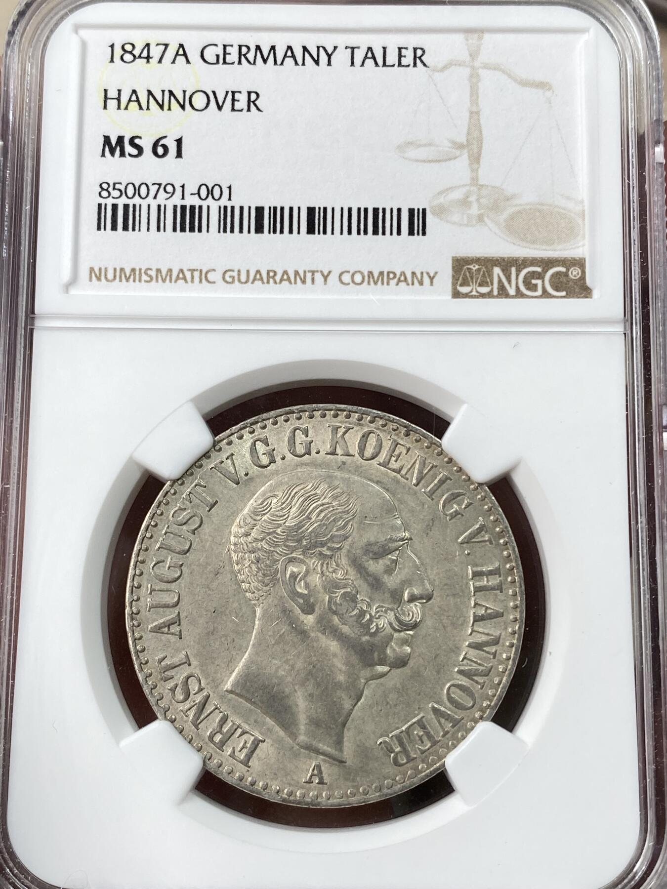 万国钱币拍卖第053期【万国秋季大拍下●周五周六两场连拍】 NGC MS61 1847年德国汉诺威奥古斯特一世英式盾徽流通1泰勒 深打原光无减重痕 汉诺威系列难点之一 亚军分更高分仅一枚