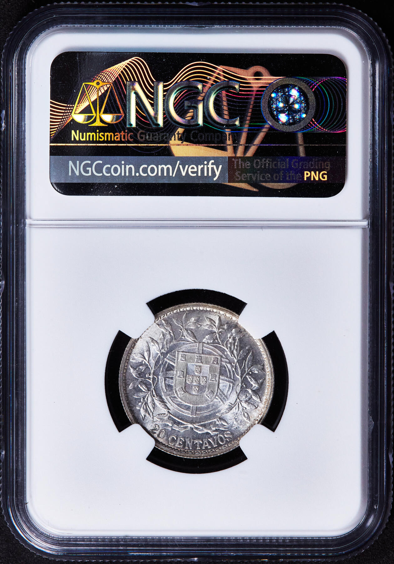 【俄甄集藏】2025年(044)11-12星期三晚 19:30 全场包邮 葡萄牙共和国1916年女神版20分银币，NGC MS62，共和后首版总筋品种，转光品相