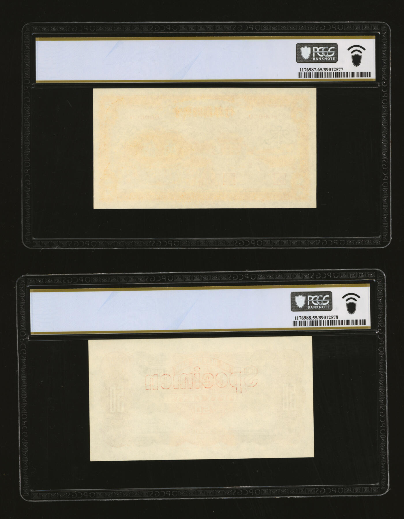 泓盛2025年秋季拍卖会 纸币 1940年中央储备银行华成版桔色伍角样本，正背共2枚，少见，纸张硬挺，雕刻版纹理清晰，凹凸强烈，色彩浓郁醇厚，原汁原味，九五至全新（均为唯一冠军分，PCGS-65PPQ、55PPQ/89012577、78）