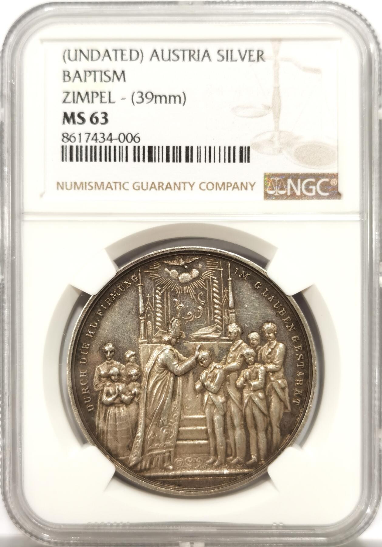 博洋堂世界钱币拍卖第143期（全场包邮） NGC MS63 19世纪奥地利宗教洗礼纪念银章
