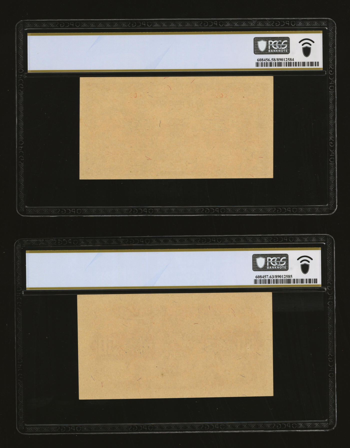 泓盛2025年秋季拍卖会 纸币 民国三十二年（1943年）中央储备银行伍角样本，正背共2枚，纸张硬挺干净，凹凸强烈，纹理清晰，色彩浓郁醇厚，原汁原味，九八成新（低评，唯一亚军分、冠军分仅1对，PCGS-58、63PPQ/89012584、85）