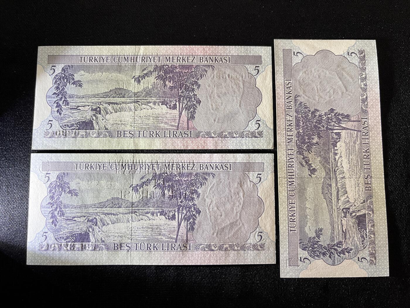 咖啡豆•收藏 2025年Oct_23th世界各国纸币拍卖 3枚 土耳其 1970(1976)年 5里拉 全新UNC 外国纸币