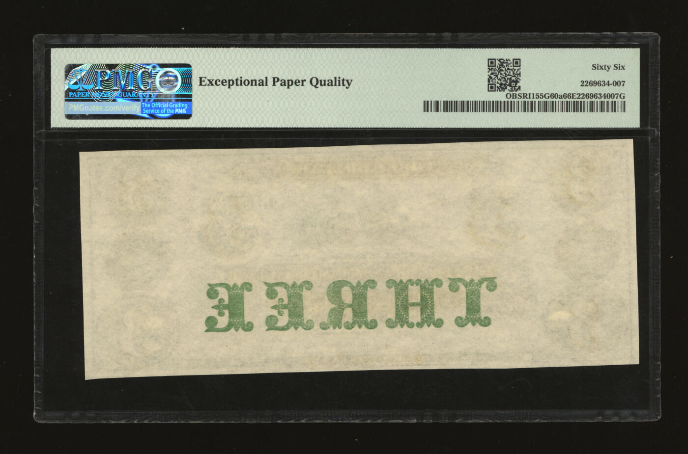 泓盛2025年秋季拍卖会 纸币 美国1860年新英格兰商业银行3美元，罗得岛州纽波特地名，未完成券，纸张白净，纹理清晰，色彩浓郁纯正，全新（亚军分、PMG-66EPQ/2269634-007）