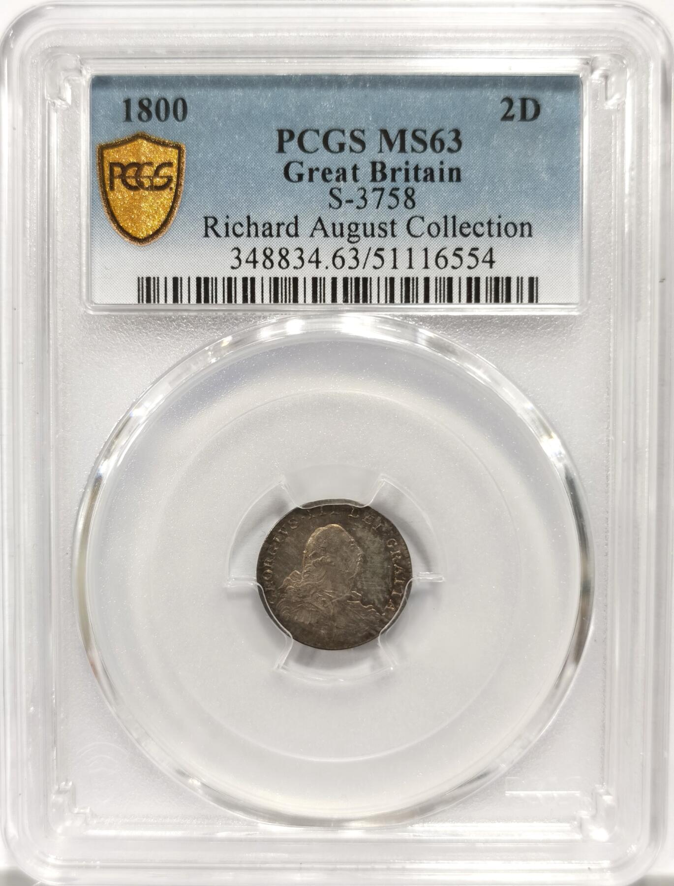 博洋堂世界钱币拍卖第143期（全场包邮） PCGS MS63 英国1800年乔治三世2便士濯足币，原盒丝绒包浆，名家旧藏，冠军分！