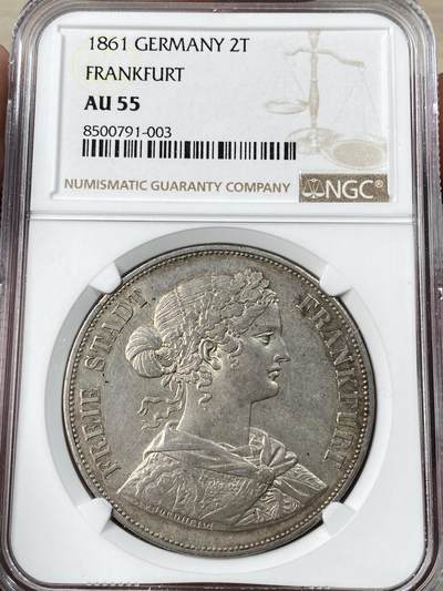 万国钱币拍卖第053期（万国秋季大拍●下） - NGC AU55 1861年德国法兰克福少女流通2泰勒 经典品种 
