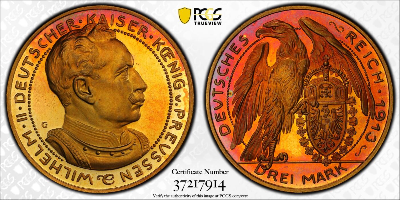 博洋堂世界钱币拍卖第143期（全场包邮） PCGS SP67RB 德国普鲁士1913年威廉二世3马克样币，稀少名誉品，唯一冠军分！