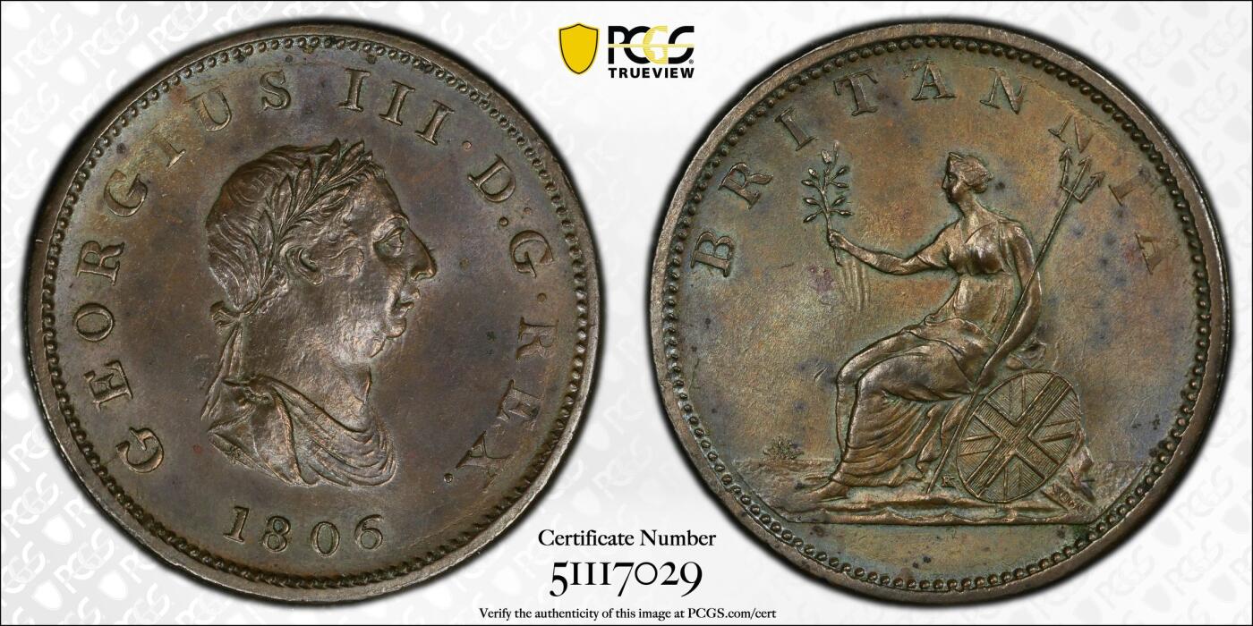 博洋堂世界钱币拍卖第143期（全场包邮） PCGS MS63BN 英国1806年乔治三世1/2便士，名家旧藏