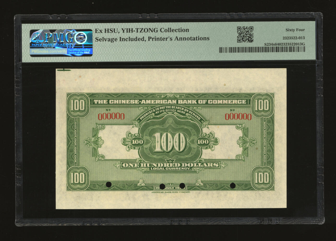 泓盛2025年秋季拍卖会 纸币 民国九年（1920年）中华懋业银行第一版黑色壹百圆样本券，单张式，著名钱币收藏家E.Kann（耿爱德）曾担任该行经理，此种正式样本罕见，中外合资银行纸币之稀少品种，纸张硬挺，纹理清晰，凹凸明显，色彩浓郁纯正，全新（低评，仅4枚之季军分、更高分仅4枚，PMG-64/2323522-013）中华懋业银行苏骏中国懋业银行是历史上中美合办性质的第一家银行，由北京政府总理钱能