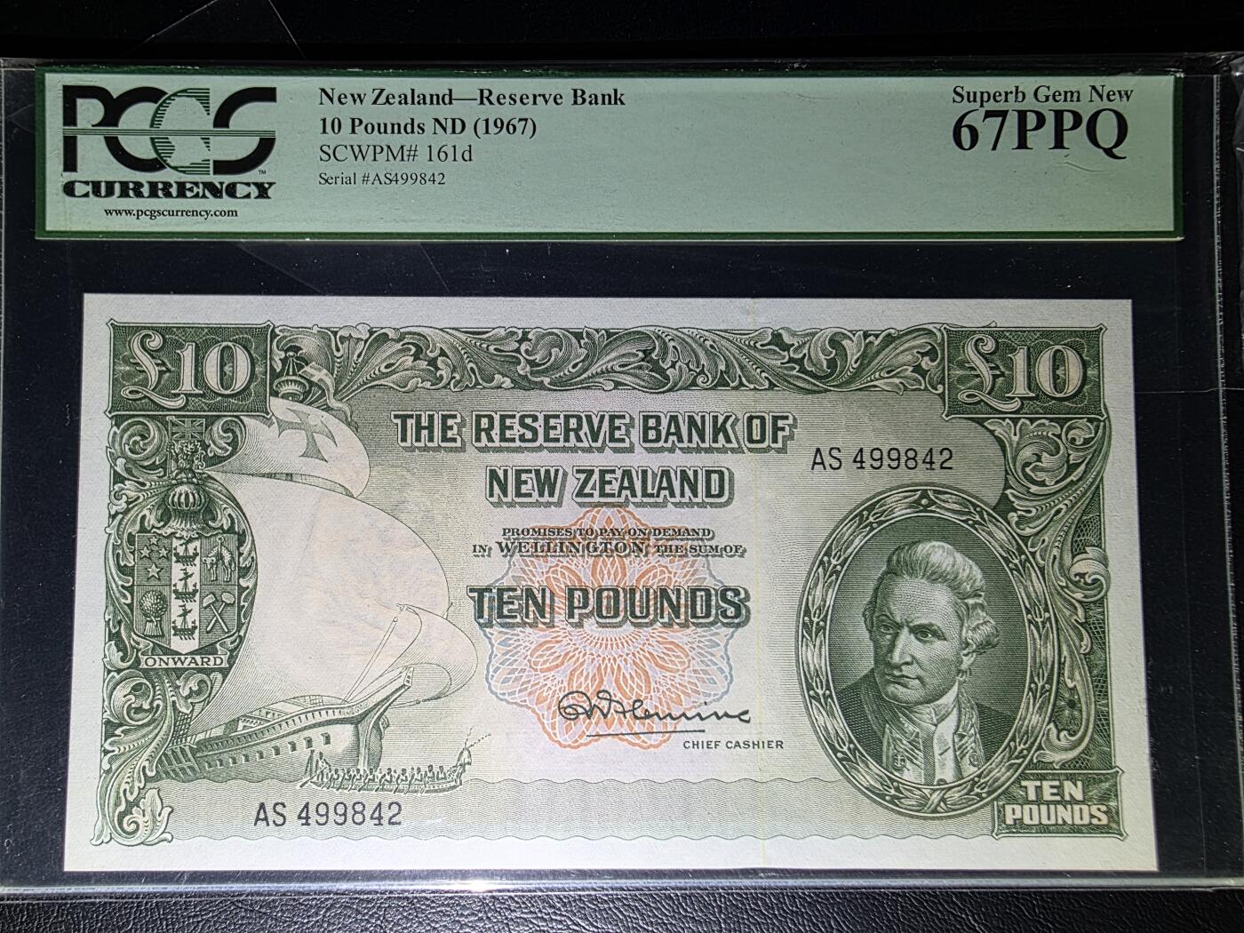 叁拾收藏第32期 新西兰1967年 库克船长 10镑  PCGS67PPQ
