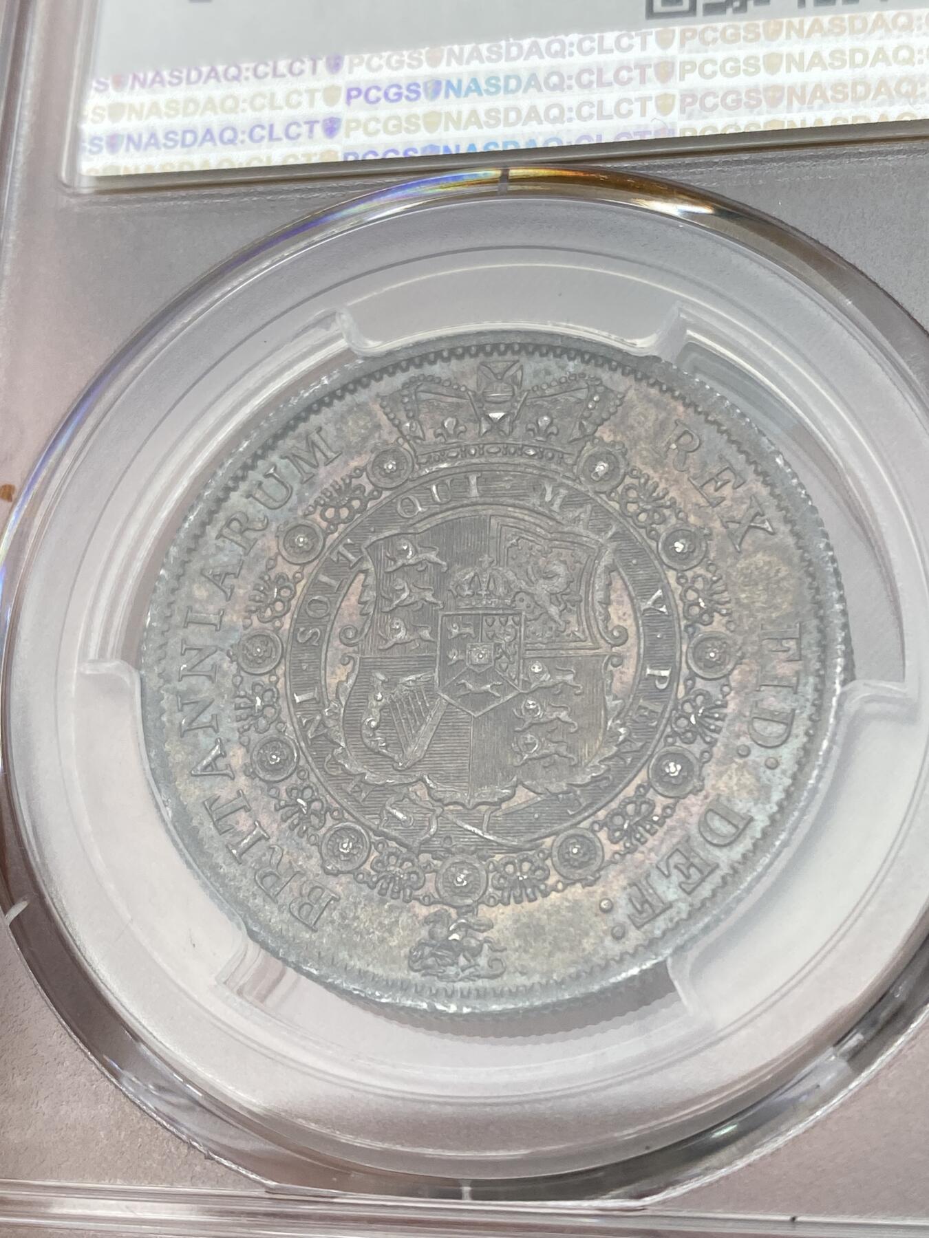 万国钱币拍卖第053期【万国秋季大拍上●周五周六两场连拍】 PCGS MS63 1817年英国乔治三世牛头半克朗 英式天鹅绒浓厚酱彩