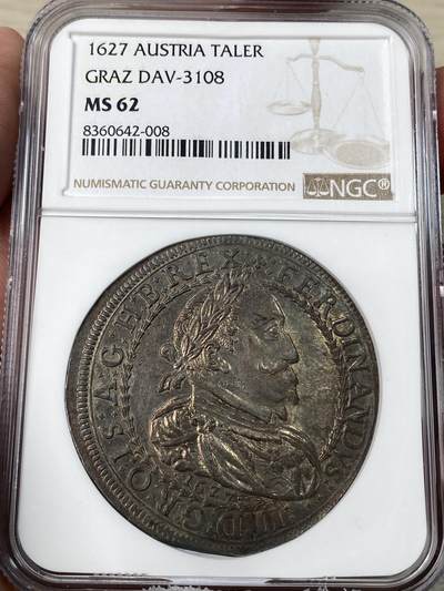 万国钱币拍卖第053期【万国秋季大拍上●周五周六两场连拍】 - NGC MS62 1627年神圣罗马帝国费迪南德二世纹章大泰勒 近400年历史的神罗大银 醇厚均匀香槟色包浆极致美丽 全深打顶级状态