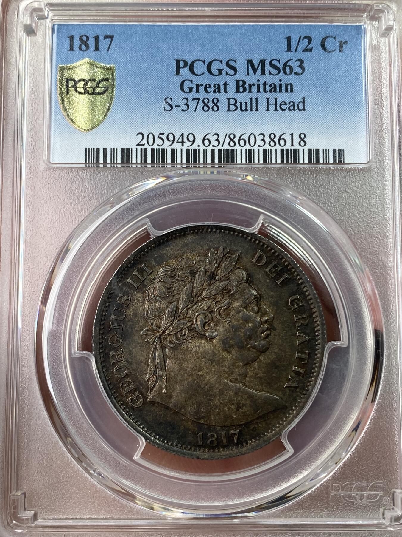万国钱币拍卖第053期【万国秋季大拍上●周五周六两场连拍】 PCGS MS63 1817年英国乔治三世牛头半克朗 英式天鹅绒浓厚酱彩