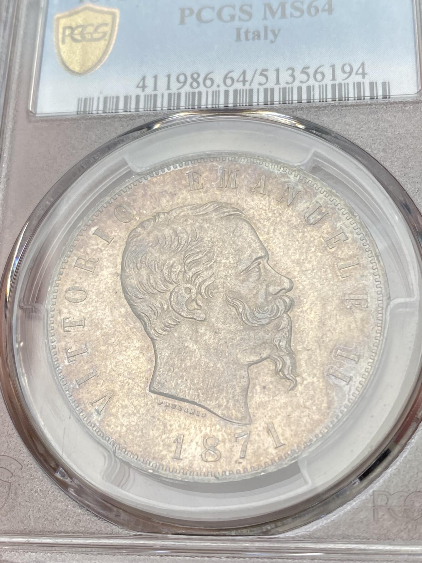 万国钱币拍卖第053期【万国秋季大拍下●周五周六两场连拍】 PCGS MS64 1871意大利王国伊曼纽尔三世5里拉大银 原味欧陆香槟色渐变五彩 顶级收藏品质 PC冠军分