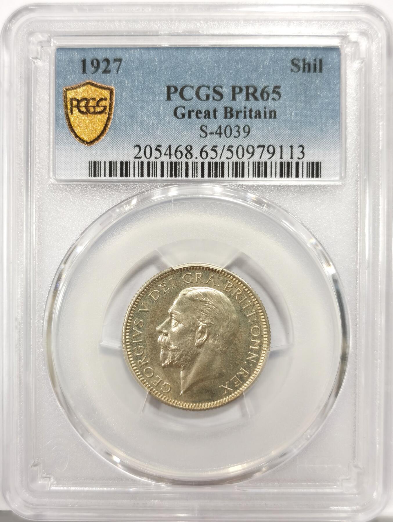 博洋堂世界钱币拍卖第143期（全场包邮） PCGS PR65 英国1927年乔治五世1先令精制银币，背面卡槽有小磕