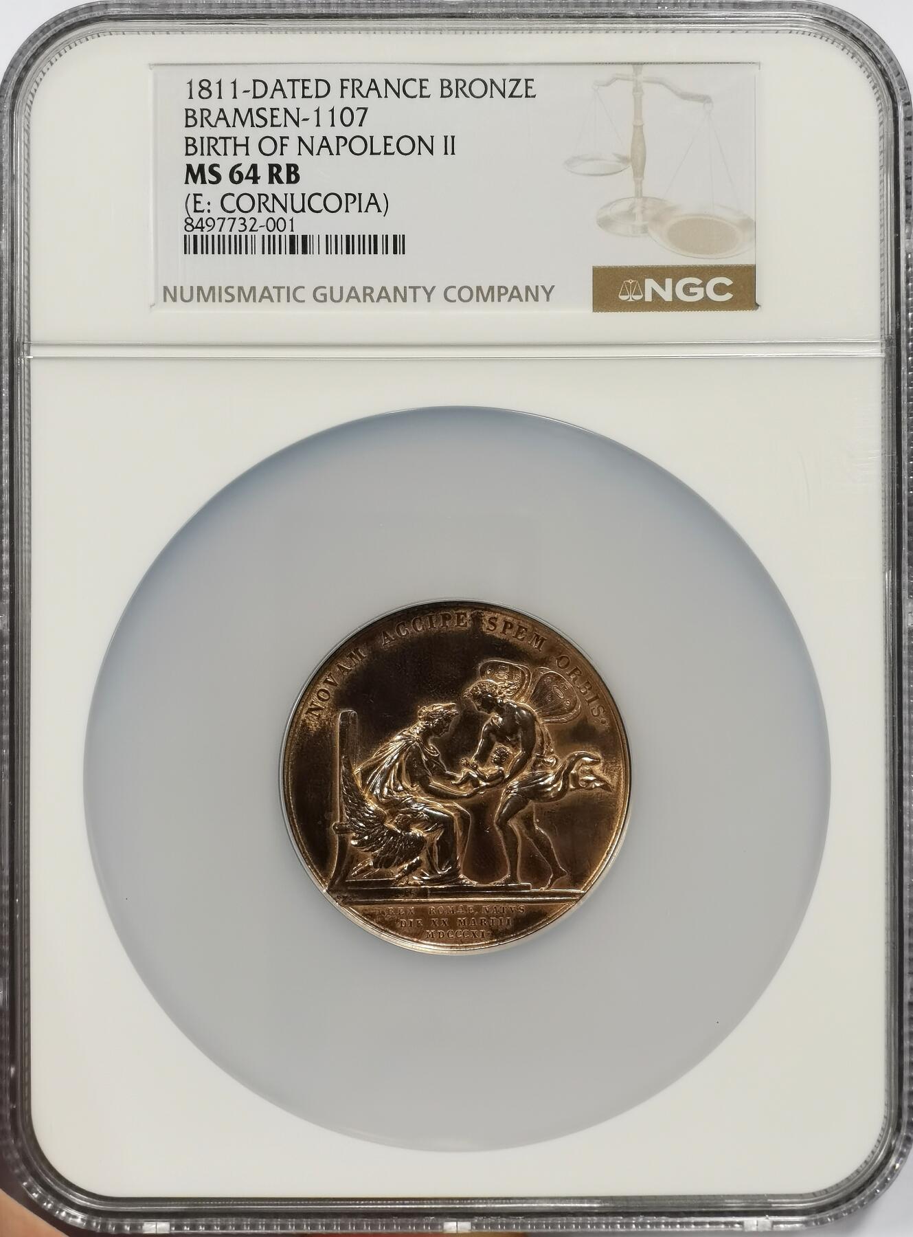 博洋堂世界钱币拍卖第143期（全场包邮） NGC MS64RB 法国1811年拿破仑系列巨大版纪念拿二出生大铜章！50mm巨大尺寸，加厚加大盒子！原光极其难得！