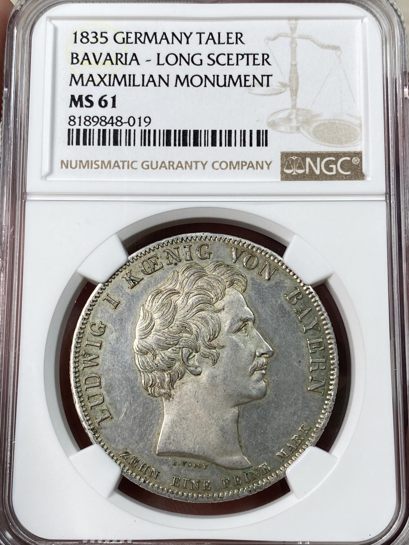 万国钱币拍卖第053期【万国秋季大拍上●周五周六两场连拍】 NGC MS61 1835年德国巴伐利亚路德维希一世建造马克西米利安一世铜像落成历史大泰勒 罕见长杖版 历史泰勒系列中的难度品种