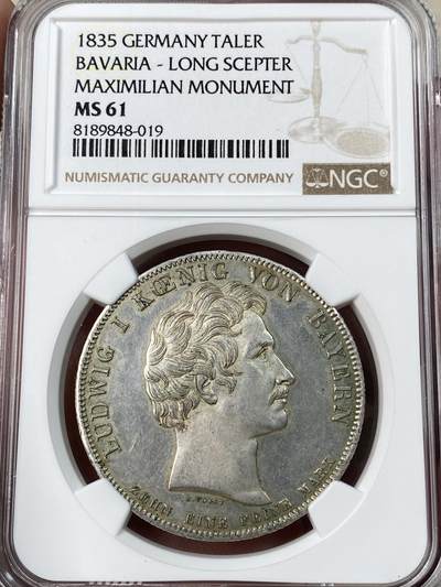 万国钱币拍卖第053期【万国秋季大拍上●周五周六两场连拍】 - NGC MS61 1835年德国巴伐利亚路德维希一世建造马克西米利安一世铜像落成历史大泰勒 罕见长杖版 历史泰勒系列中的难度品种