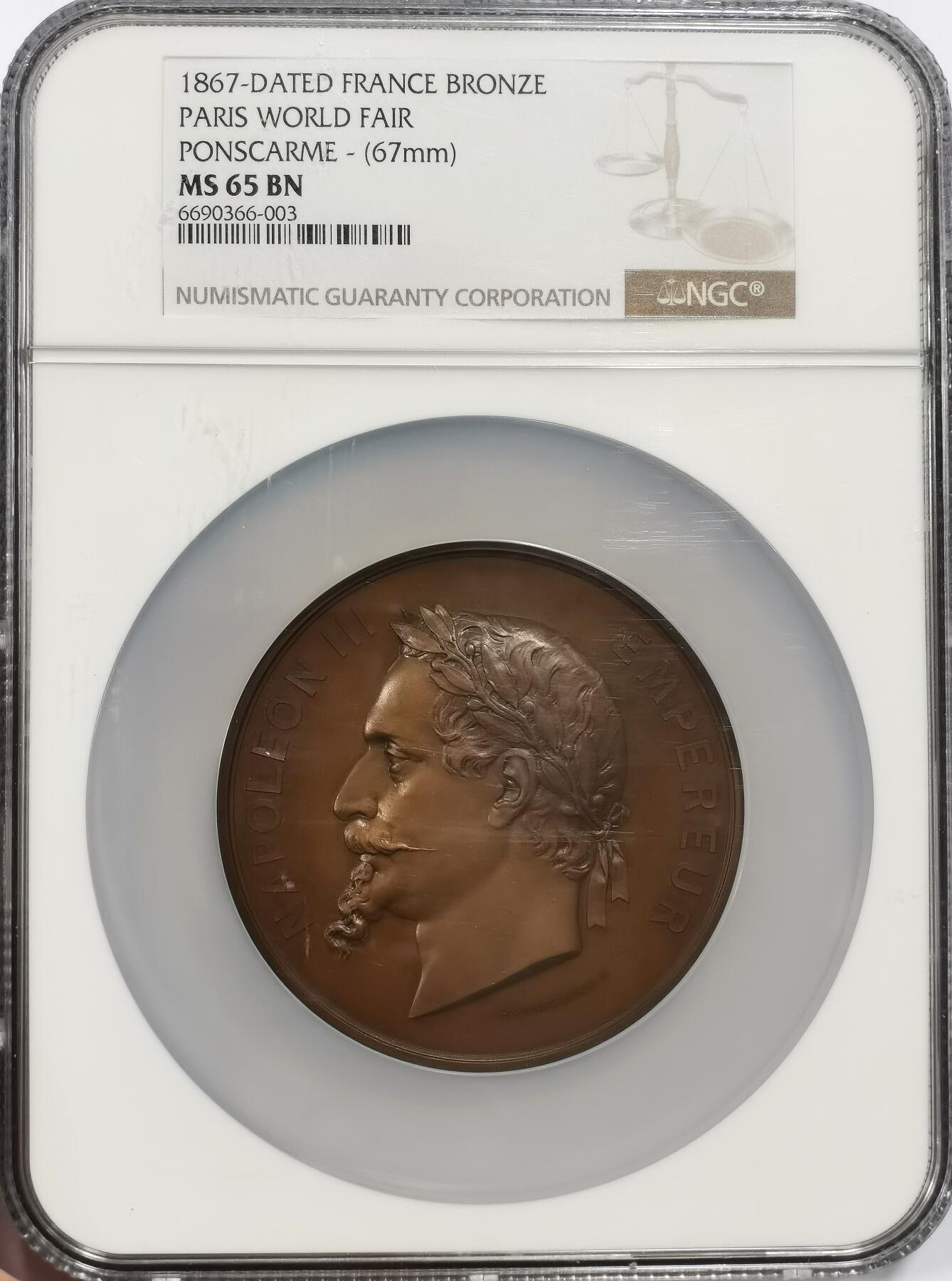 博洋堂世界钱币拍卖第143期（全场包邮） NGC MS65BN 法国1867年拿三万国博览会纪念大铜章，67mm直径的顶级原铸大铜章，状态极佳，这种大章能出这种高分极为难得